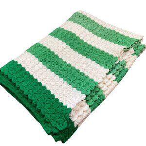 Crochet Retro 70s Green & White Striped Blanket 45 x 66" Vintage Grannycore